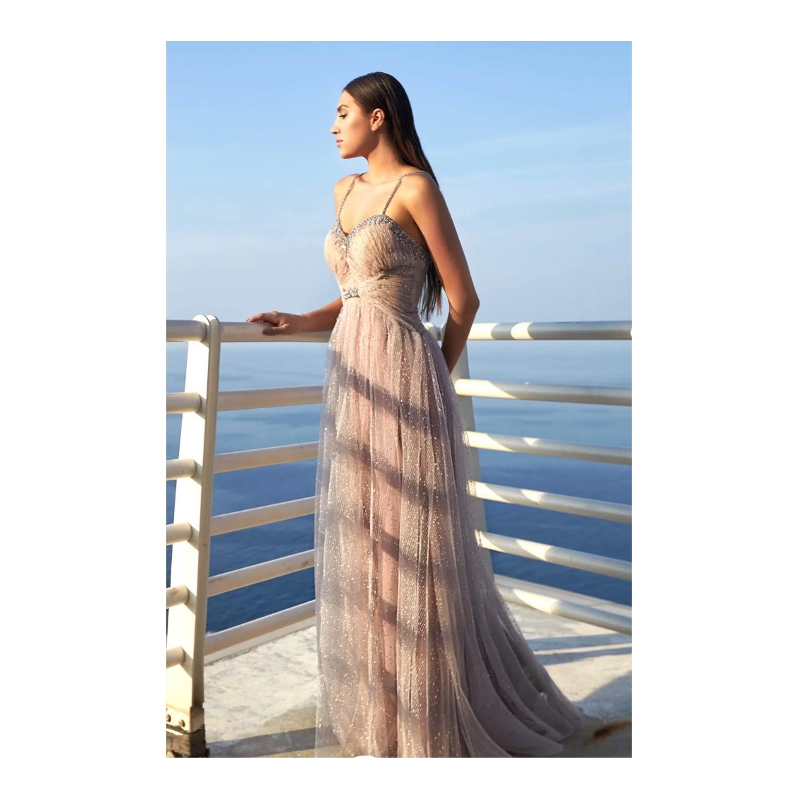 Nwot Modessa Couture Embellished Tulle Gown, Lilac Marble, Size 10